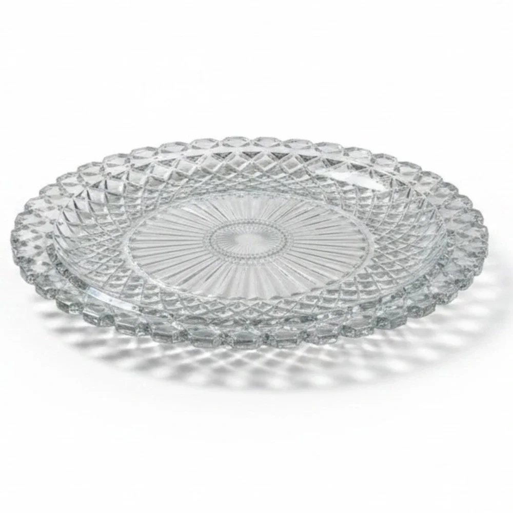 Vintage Clear Pressed Glass Serving Platter Diamond Starburst Holiday 14